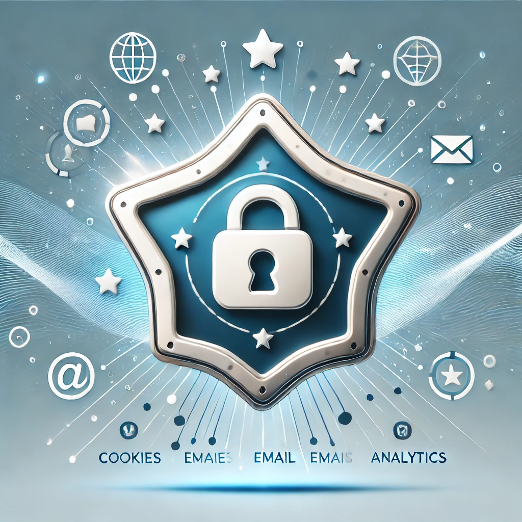 Privacy policy concept for RecipesStars.com featuring a star-shaped shield with a lock, surrounded by abstract data flow lines, on a blue gradient background.