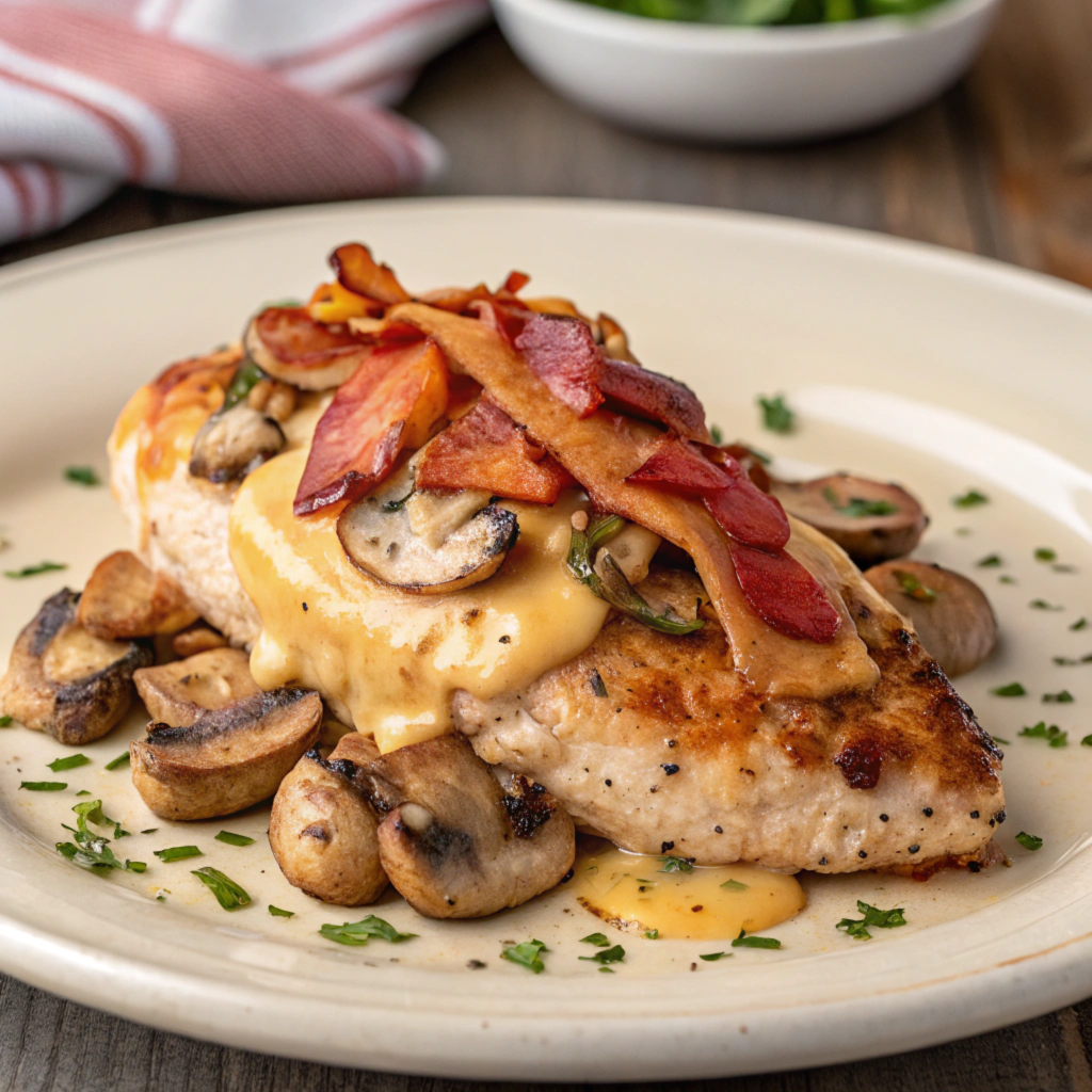 Alice Springs Chicken with melted cheese and crispy bacon served on a plate