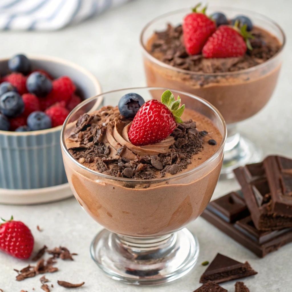 A fluffy chocolate mousse served in a glass with chocolate shavings and fresh berries