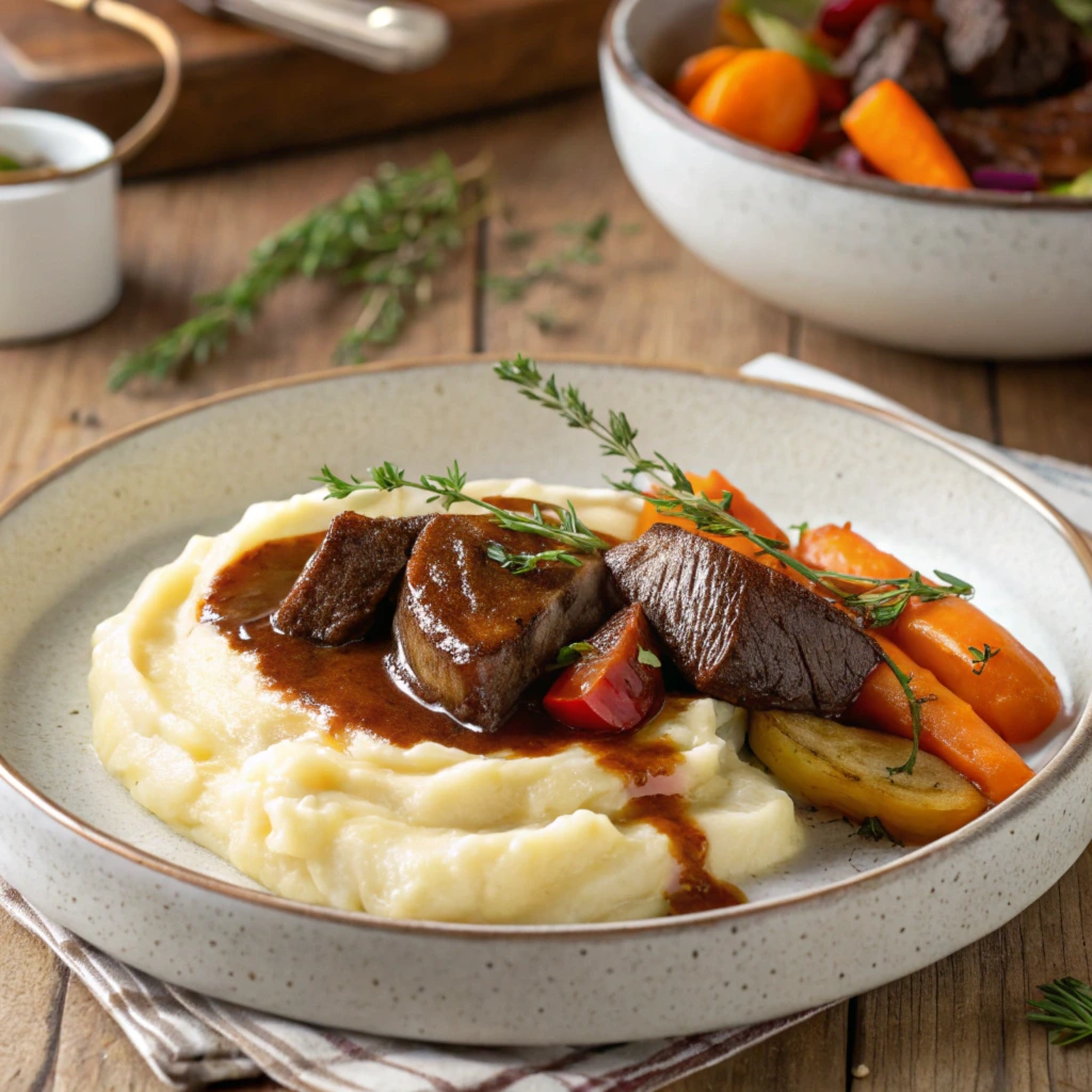 Braised beef cheeks served with mashed potatoes and seasonal vegetables