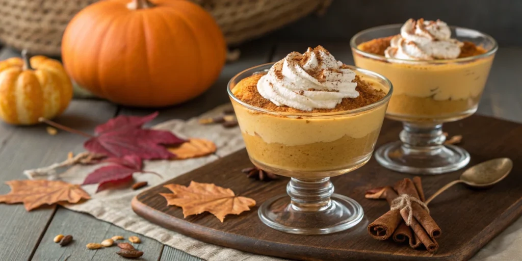 A fluffy pumpkin mousse served in a glass, garnished with whipped cream and a sprinkle of cinnamon.