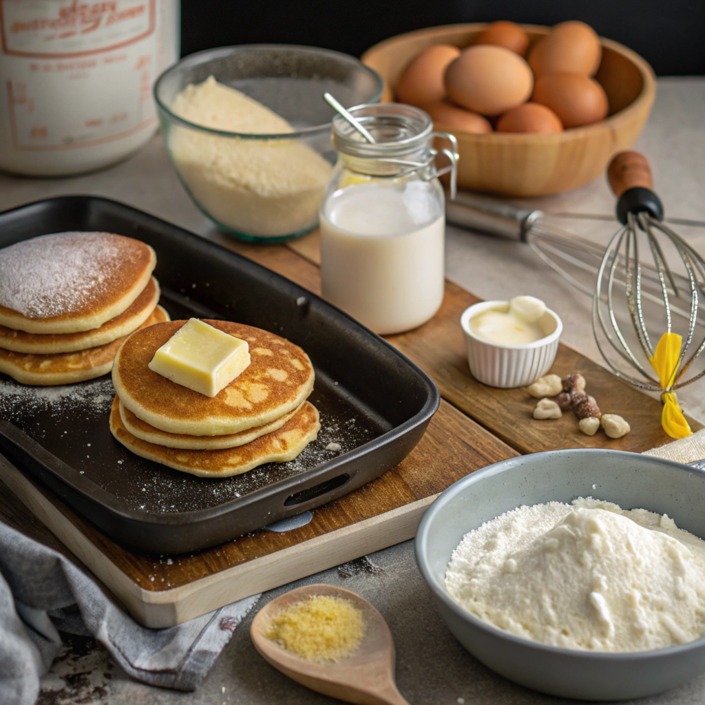 Ingredients for making the best pancakes on a kitchen counter