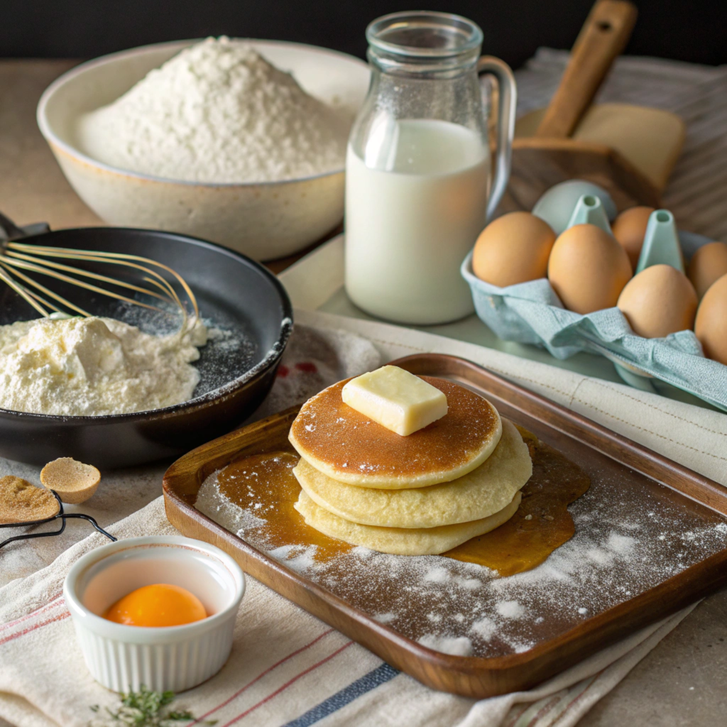 A behind-the-scenes look at making buttermilk pancakes, featuring fresh ingredients, hot butter, and a griddle for perfectly cooked pancakes.