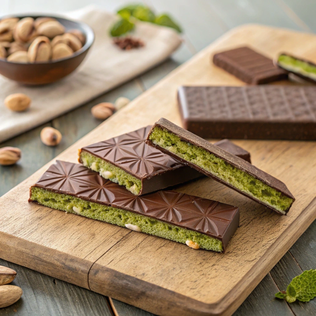 Stacked milk chocolate bars with pistachio filling on sheet music, with scattered pistachios for decoration.