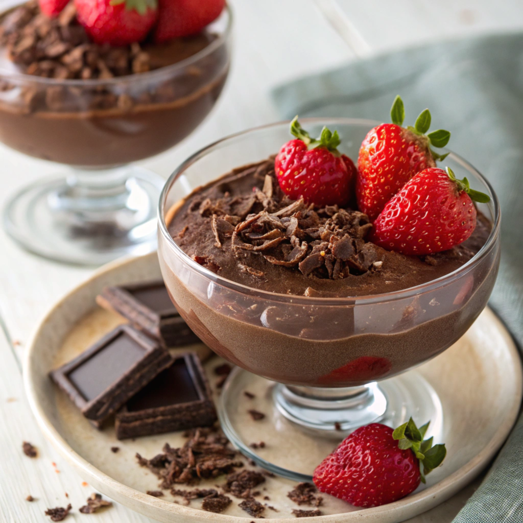 Dark chocolate mousse in a glass with grated chocolate and fresh berries