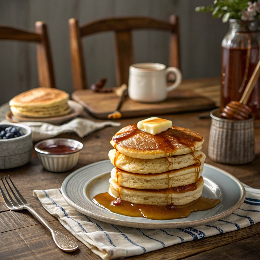 Fluffy pancakes made without baking powder, served with syrup and butter on a rustic table.