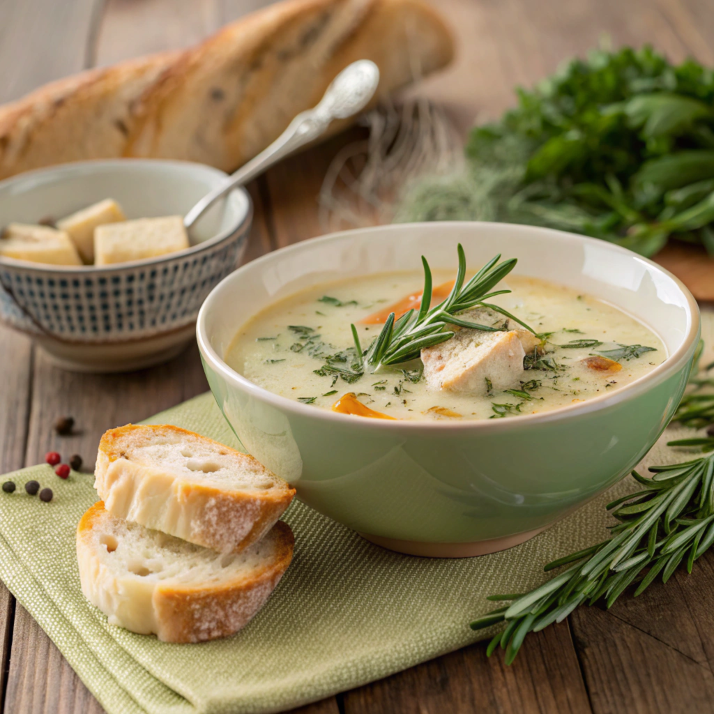 Marry Me Chicken Soup in a bowl with fresh herbs and bread on the side.