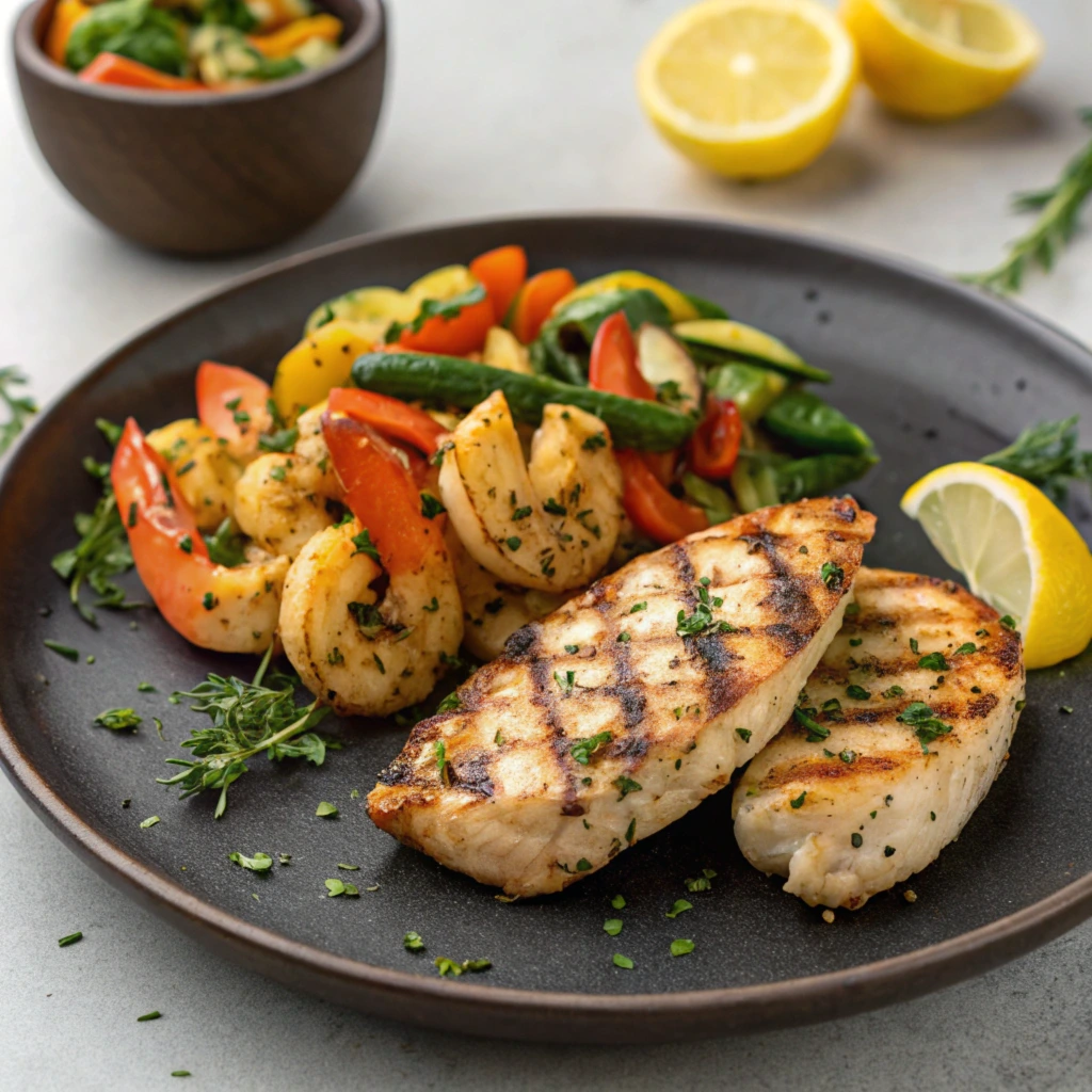 A delicious combination of grilled chicken and shrimp served with colorful vegetables.