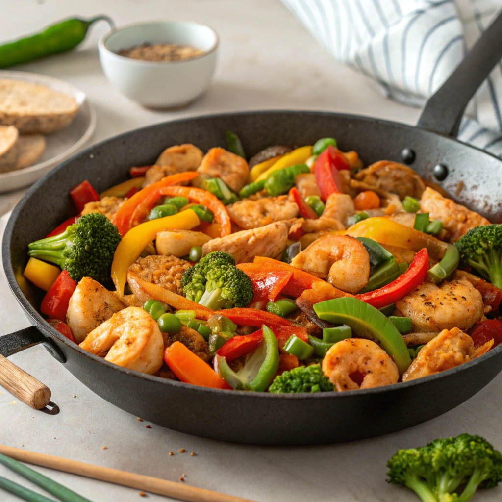 Chicken and shrimp stir-fry in a skillet