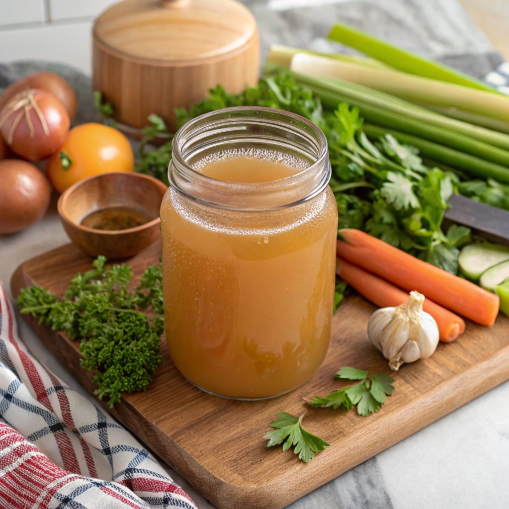 Chicken bone broth in a glass jar with fresh vegetables and herbs