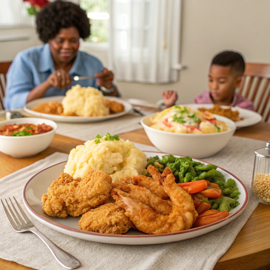 Fried chicken and shrimp served on a wooden table at Popeyes