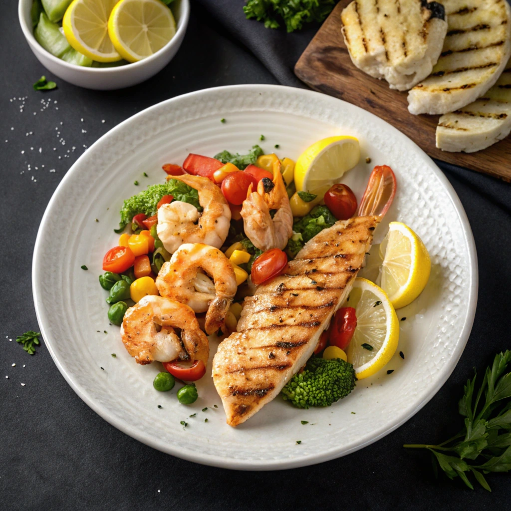 Shrimp and chicken dish garnished with fresh herbs