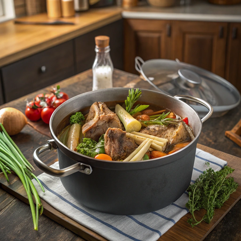 A collection of soup bones including beef marrow, chicken feet, and fish bones on a rustic cutting board.