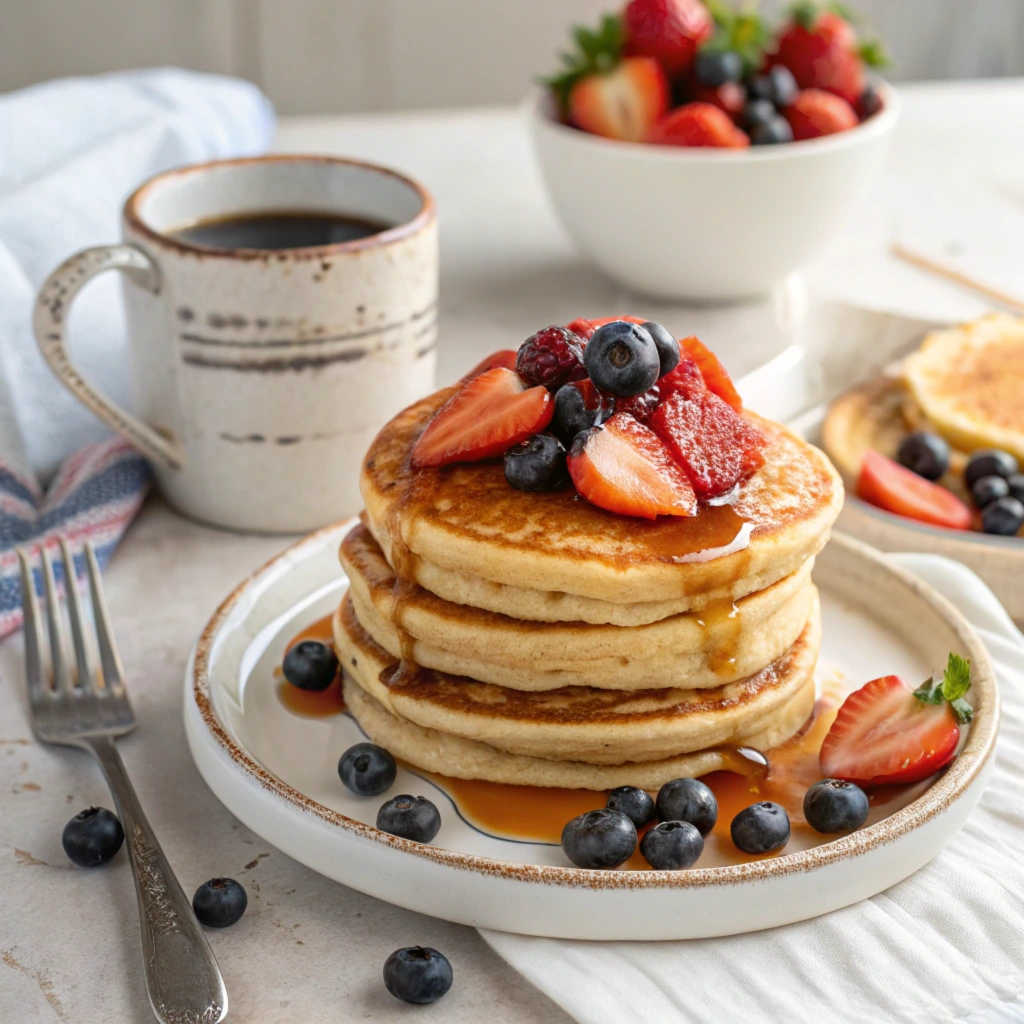 Fluffy pancakes made without eggs served with syrup and fresh fruit