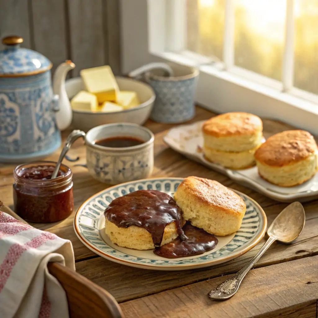 Freshly baked biscuits served with a bowl of chocolate gravy