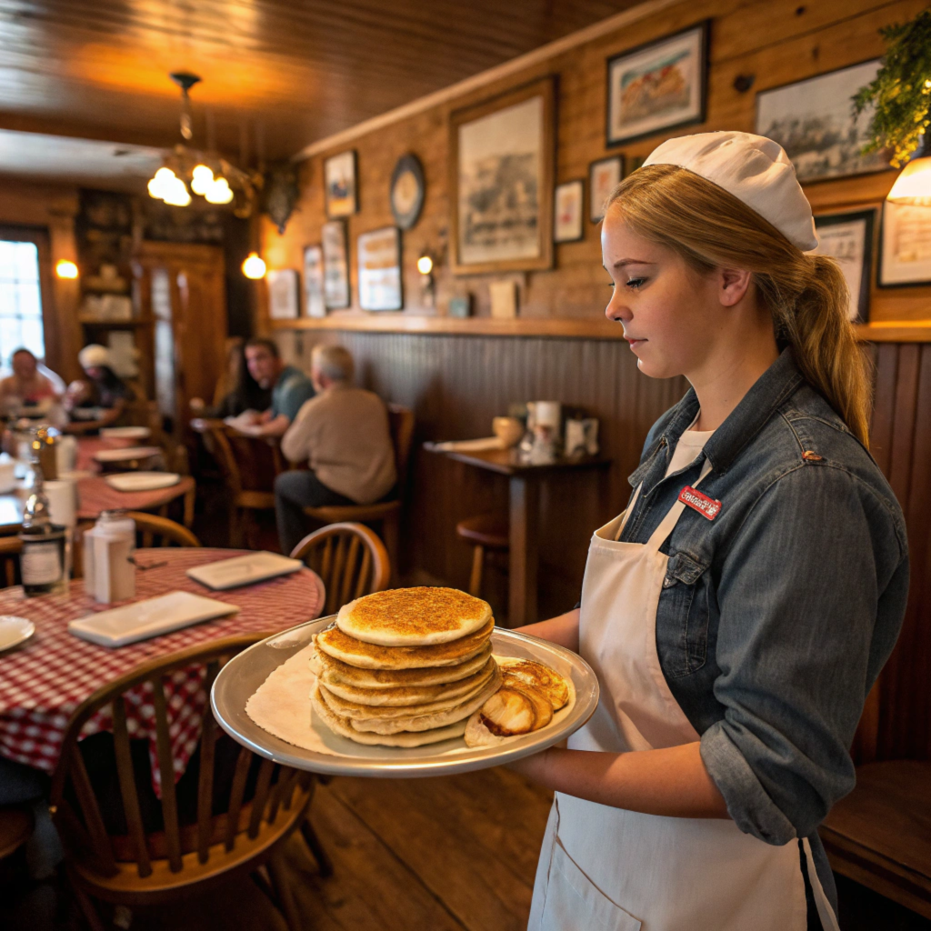 Waitress serving breakfast at Cracker Barrel restaurant.