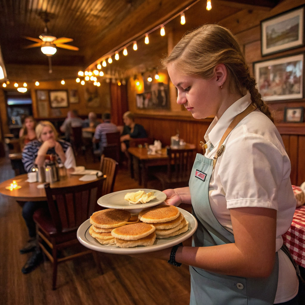 Waitress serving breakfast at Cracker Barrel restaurant.