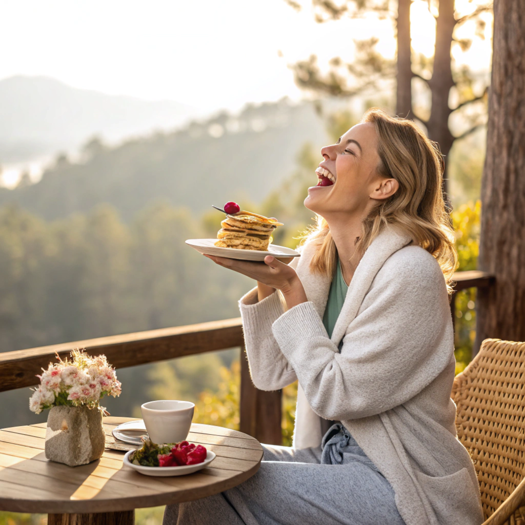 Woman enjoying fluffy pancakes on a cozy terrace for breakfast