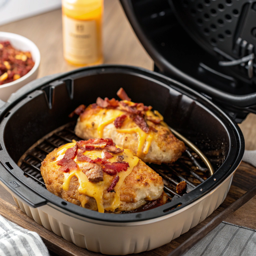 Alice Springs chicken being reheated in an air fryer with crispy bacon and melted cheese