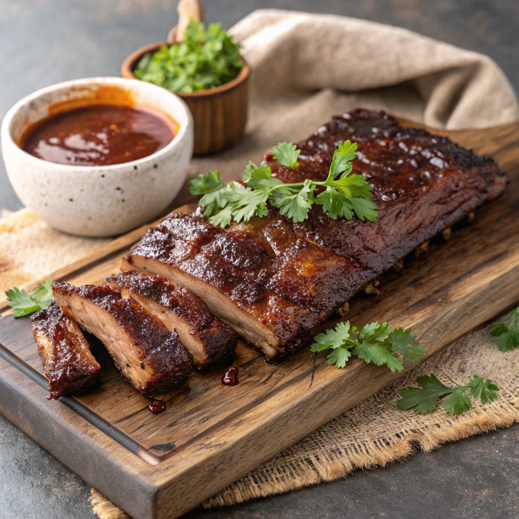 A plate of tender beef back ribs with a smoky glaze, garnished with fresh herbs.