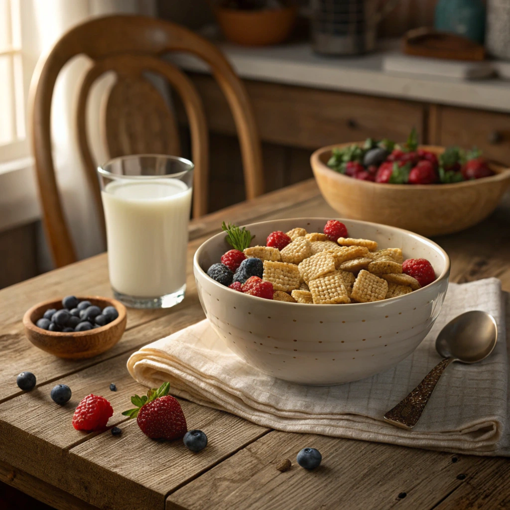 A bowl of Waffle Crisp cereal with milk and a spoon, showcasing the waffle-shaped cereal pieces.