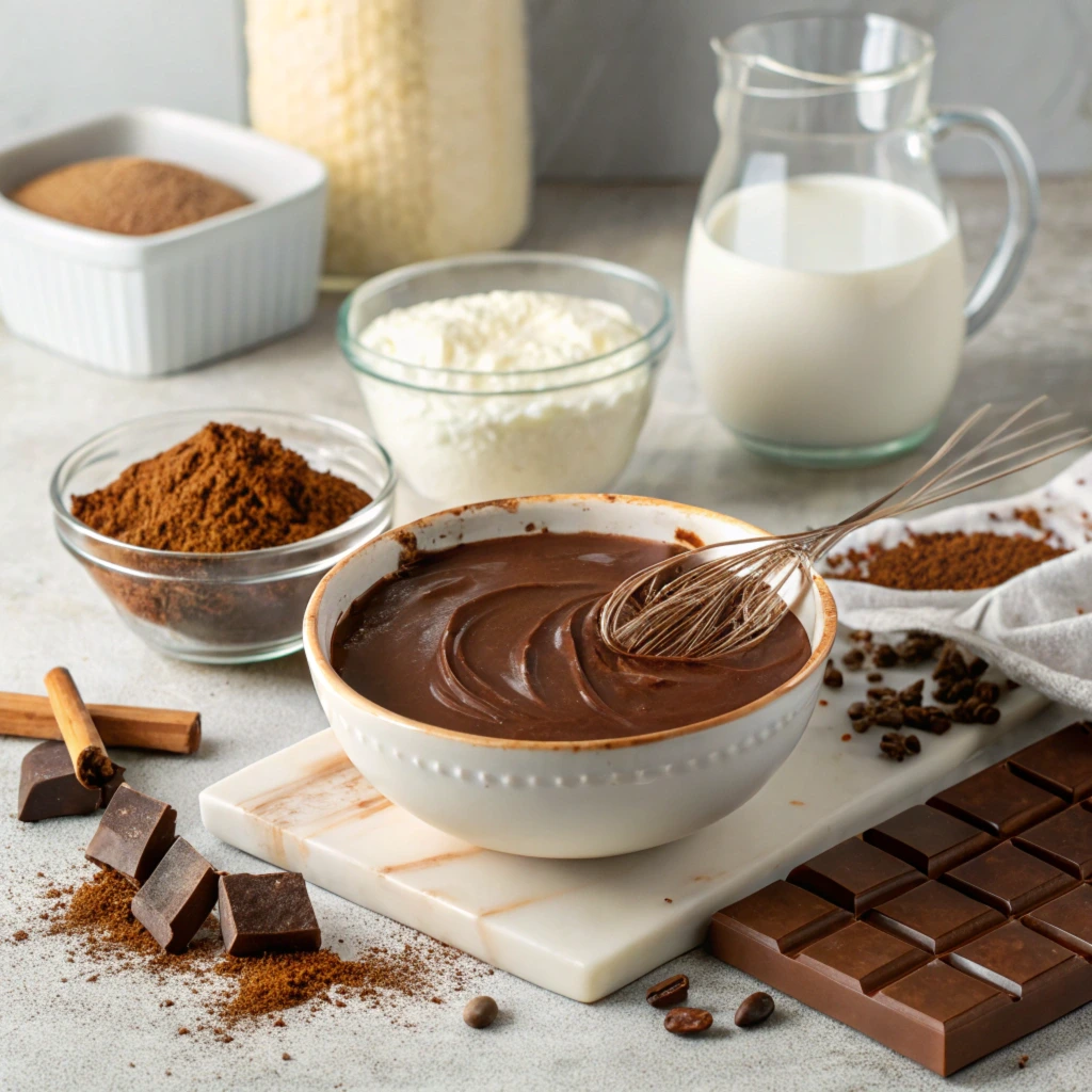 Chocolate gravy in a kitchen surrounded by ingredients like flour, cocoa, sugar, and milk