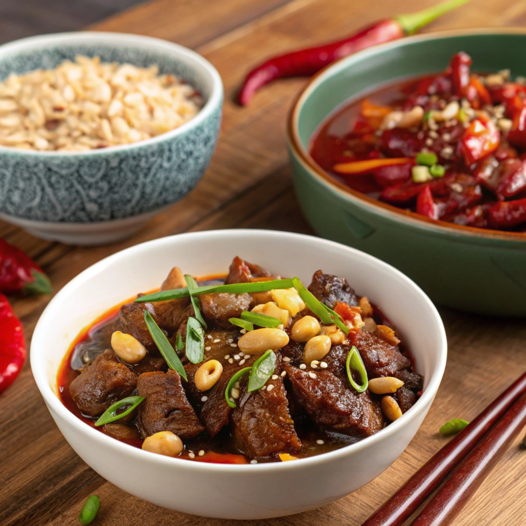 Kung Pao Beef and Szechuan Beef served with rice, showcasing colorful vegetables and bold sauces.