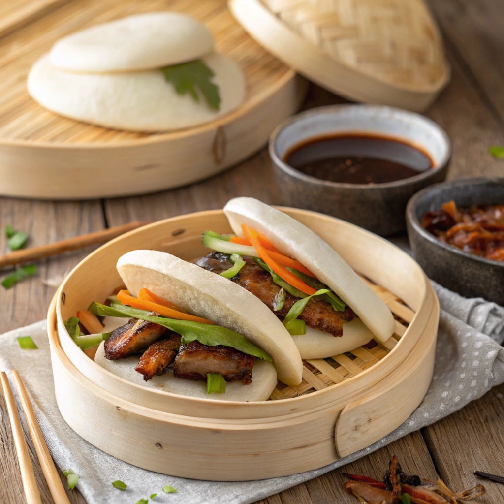 A plate of steamed bao buns filled with vegetables and chicken, paired with a side of salad.