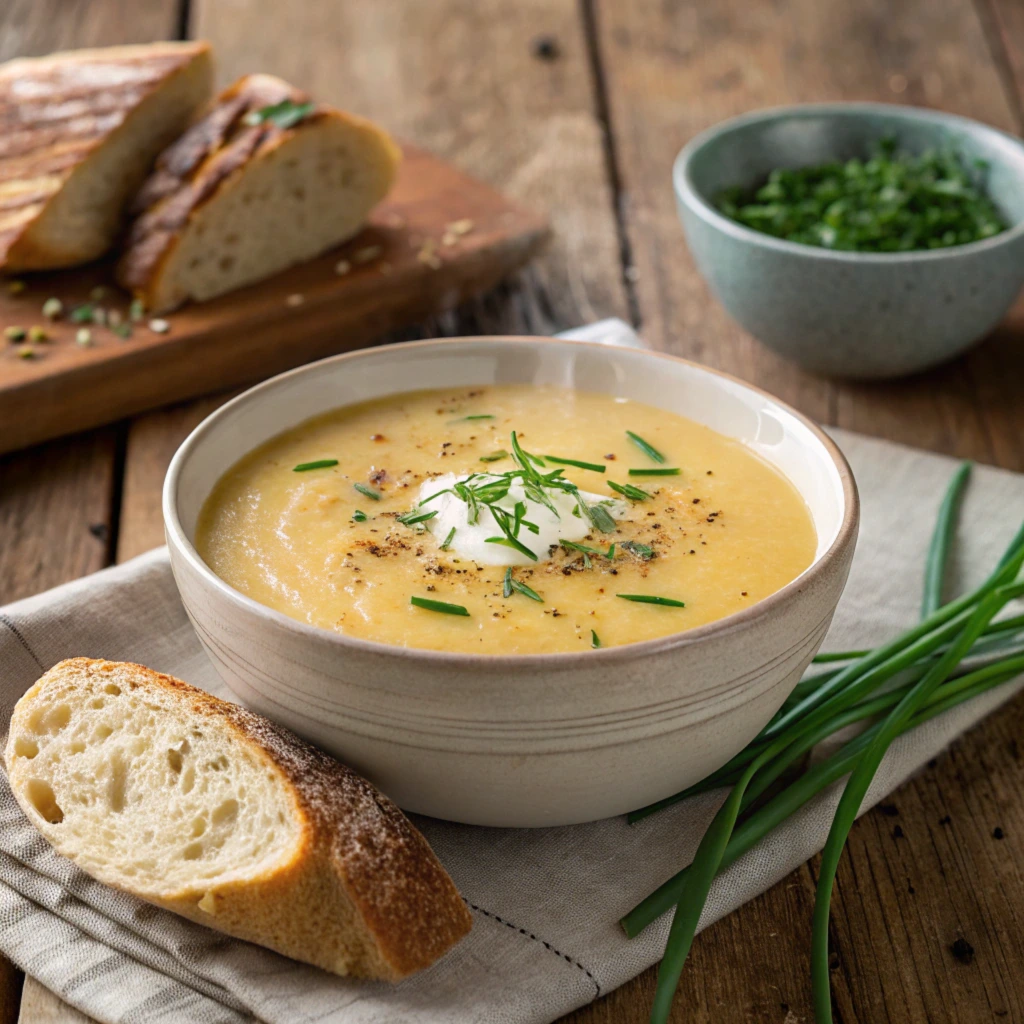 A bowl of creamy 4-Ingredient Potato Soup garnished with fresh chives and served with crusty bread.