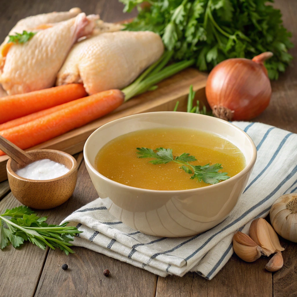 A steaming bowl of homemade chicken bone broth with visible herbs and a golden hue.