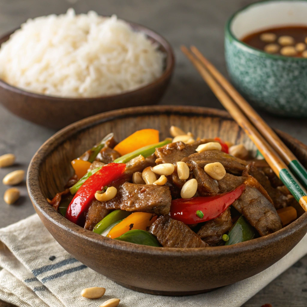 A plate of authentic Kung Pao Beef with tender beef slices, colorful vegetables, and peanuts in a spicy sauce.