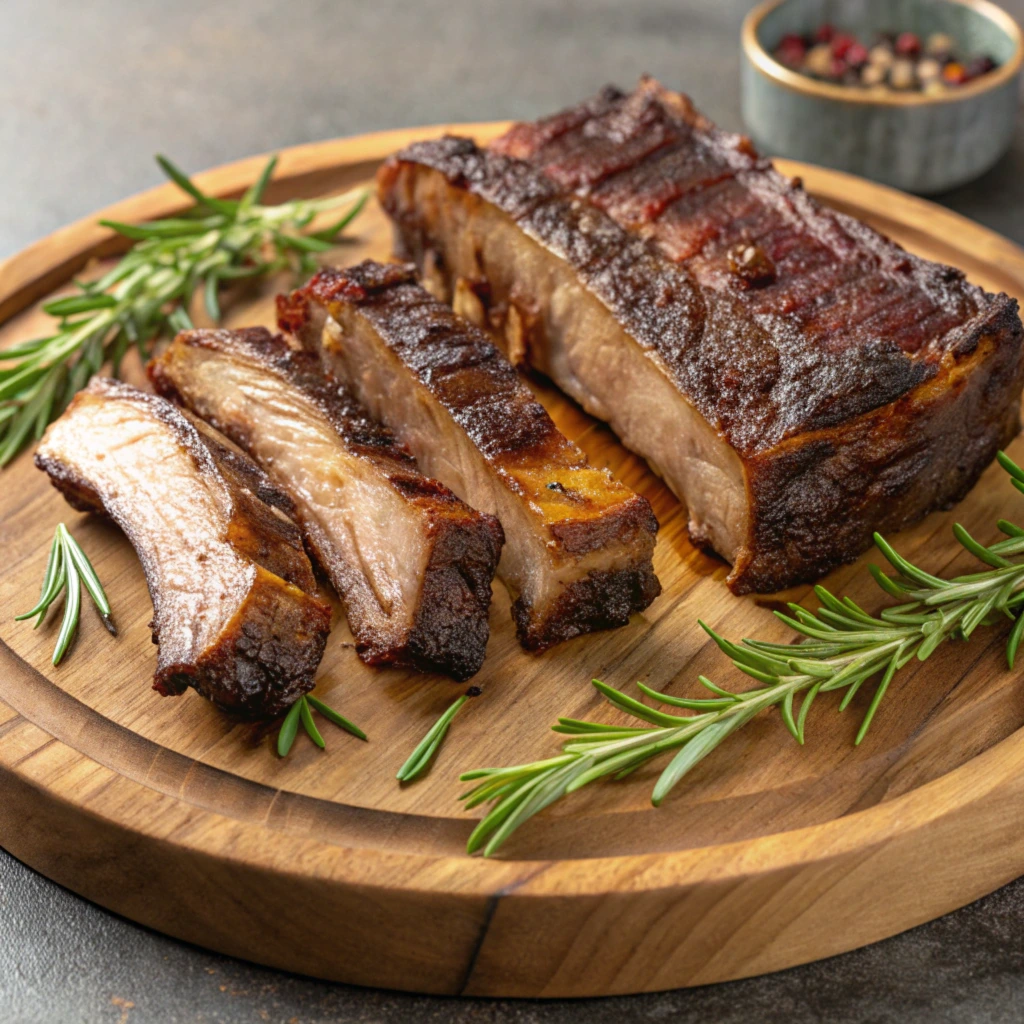 A platter of juicy beef ribs served with barbecue sauce and garnished with fresh parsley.