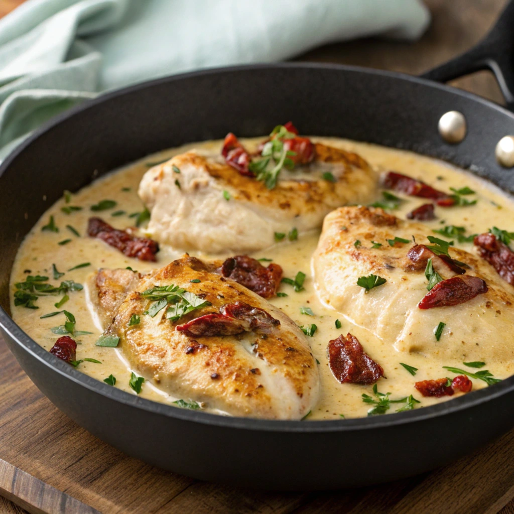 A skillet of Marry Me Chicken with golden chicken breasts in creamy sauce, topped with fresh basil.