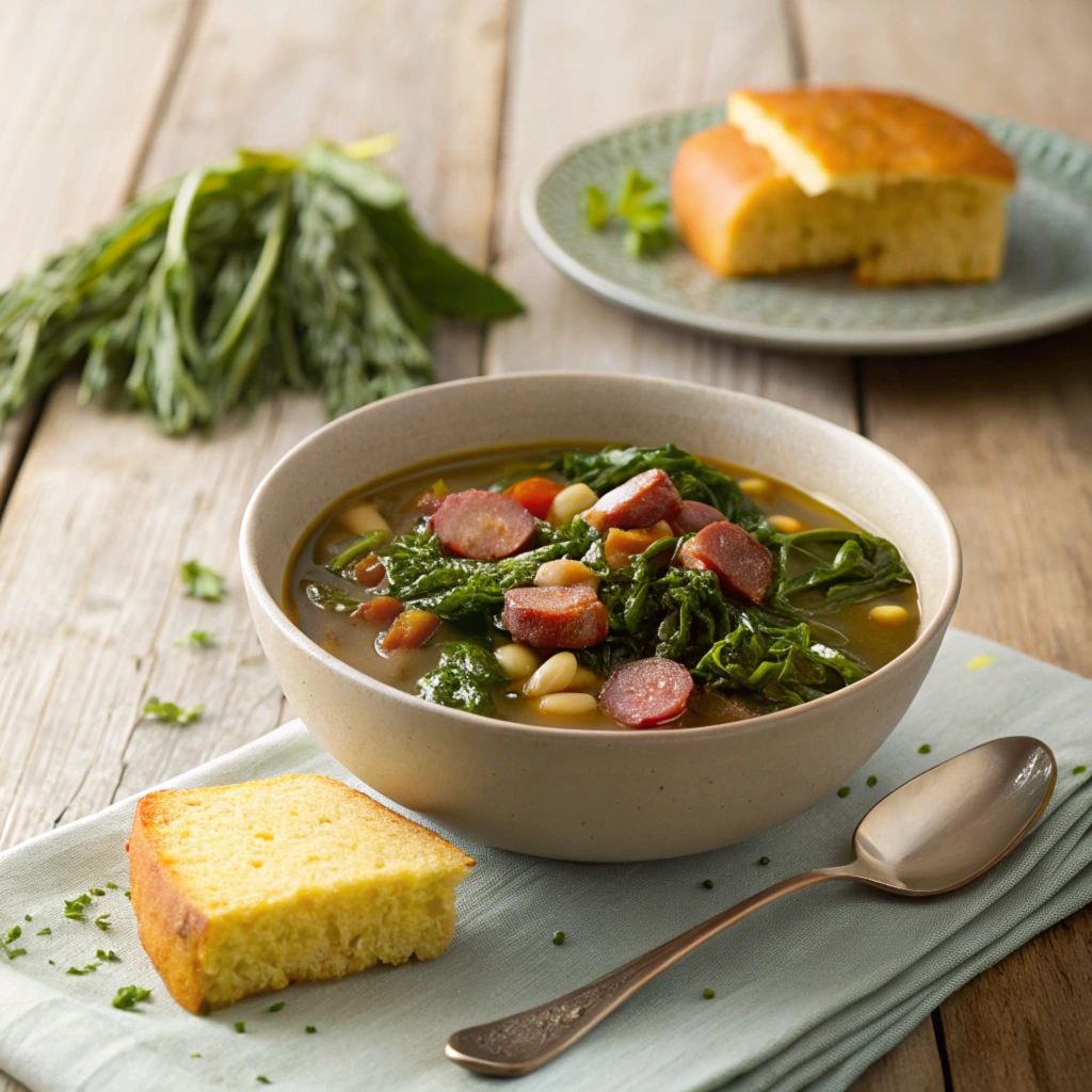 A bowl of Swamp Soup filled with greens, beans, and sausage, garnished with fresh herbs.