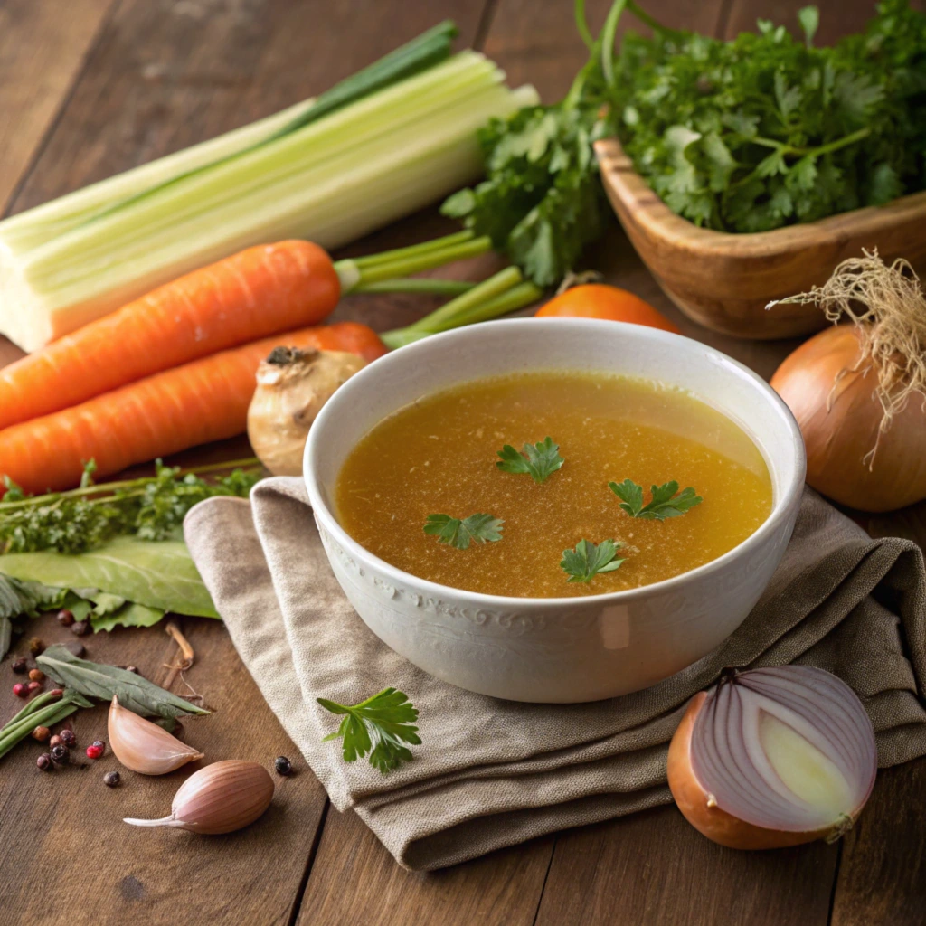 A steaming bowl of chicken bone broth with fresh herbs and vegetables.