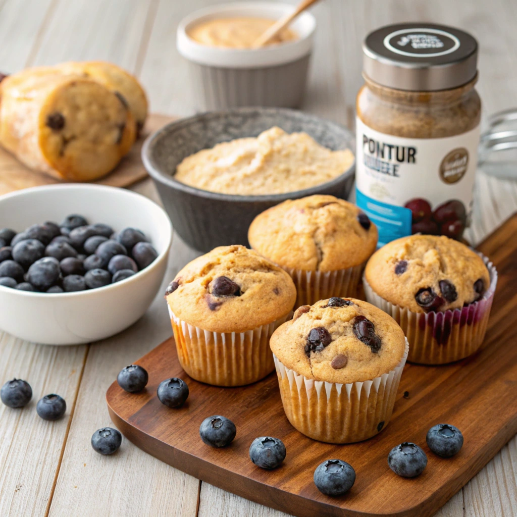 Freshly baked protein muffins on a wooden table