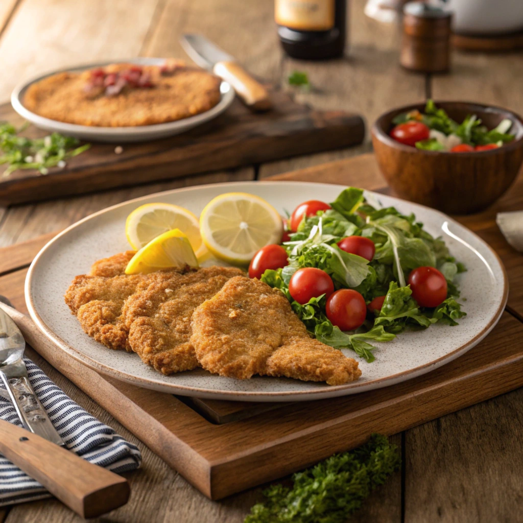 Golden crispy Beef Milanesa served with a fresh salad and lemon wedges on the side.