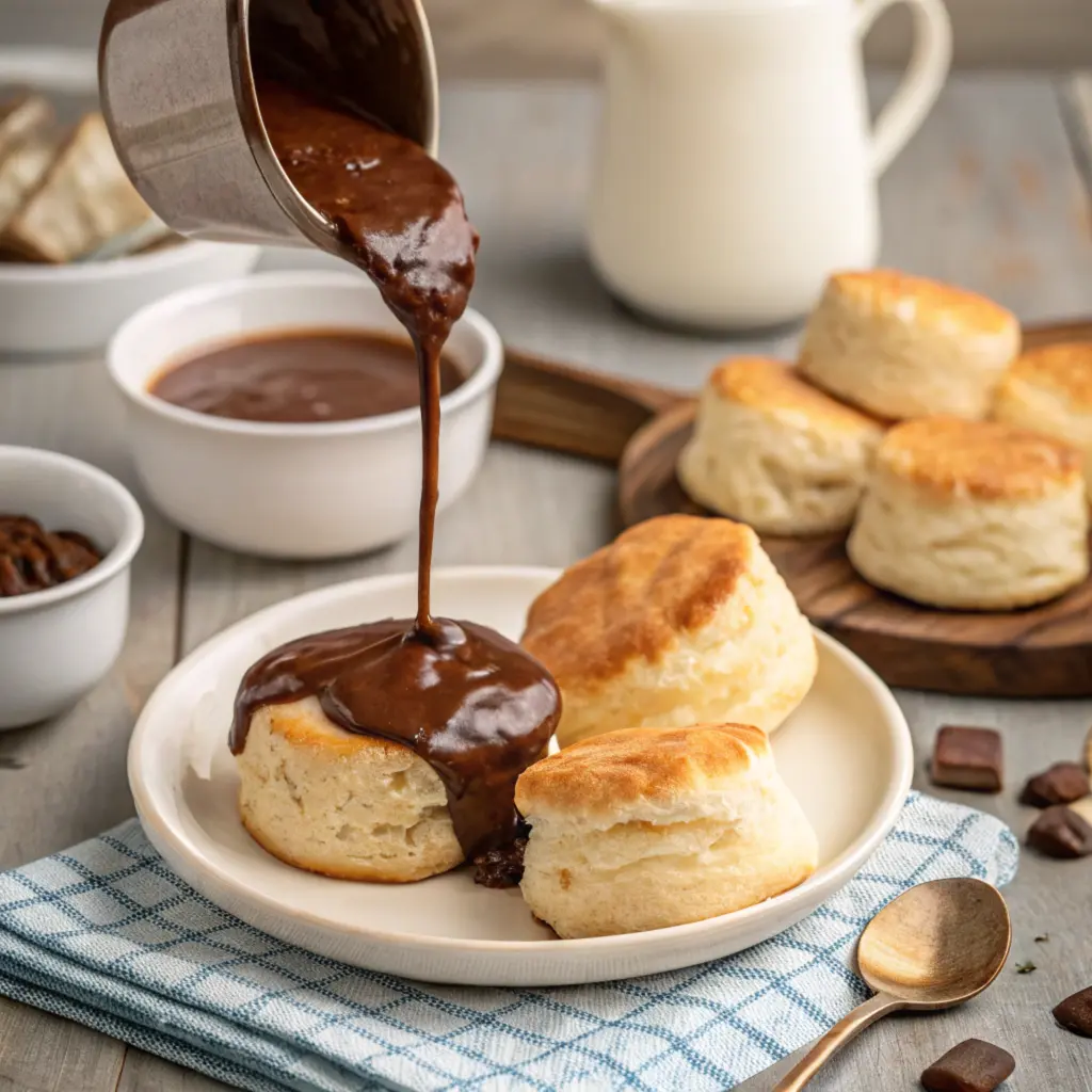 Chocolate gravy pouring over a stack of fresh biscuits