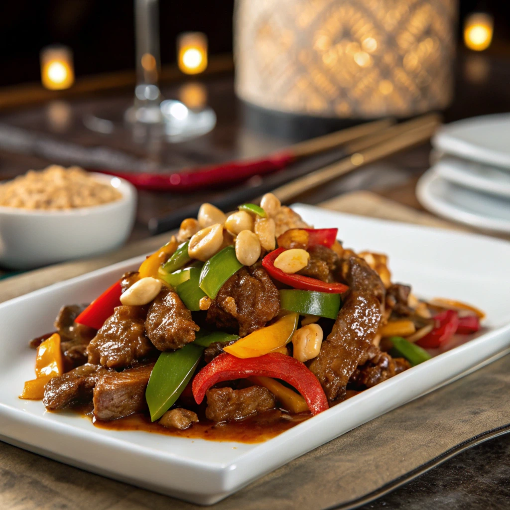 Kung Pao Beef with peanuts, bell peppers, and a spicy Sichuan sauce.