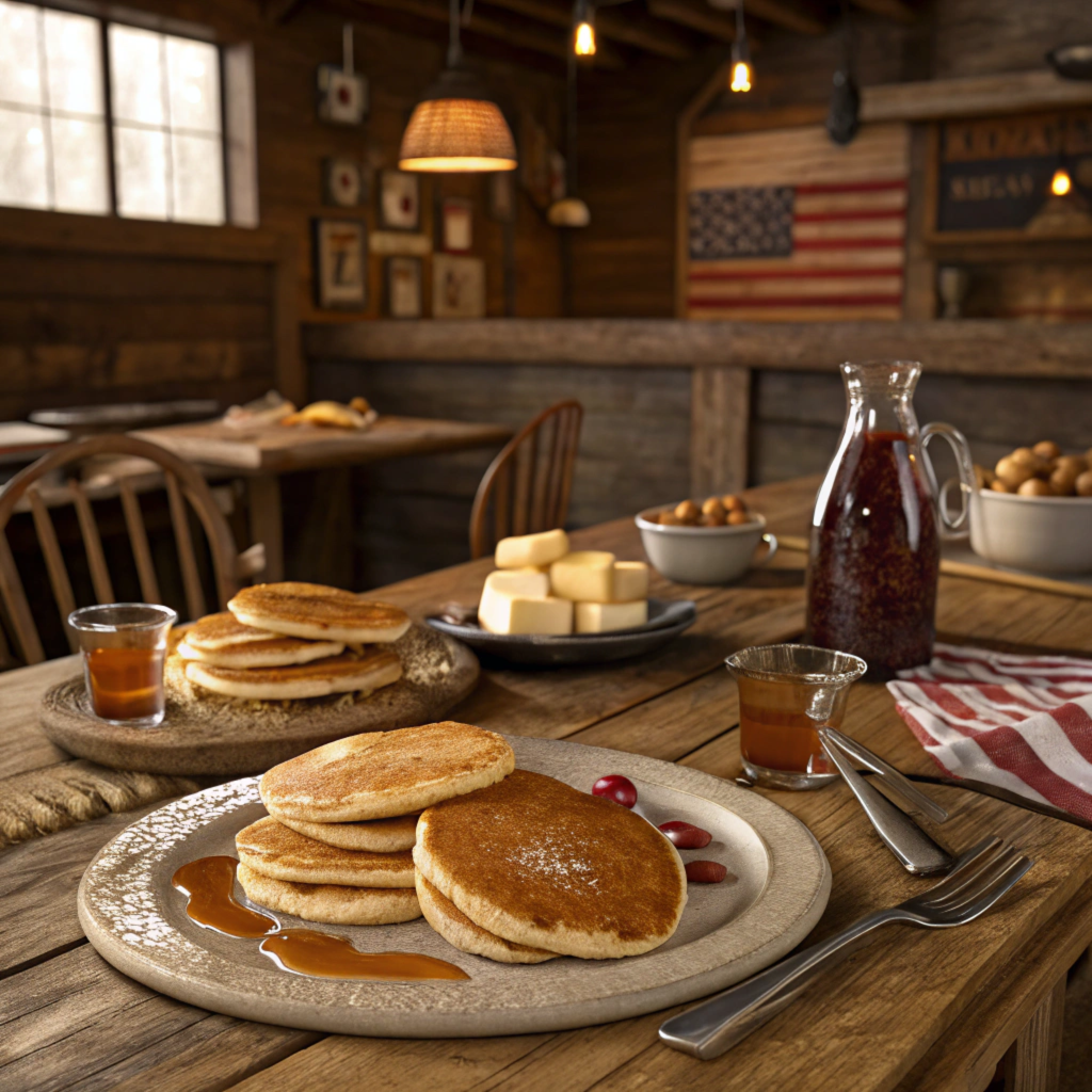 A stack of Cracker Barrel buttermilk pancakes with syrup, with butter on the side.