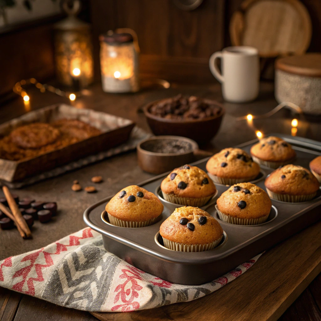 A tray of freshly baked mini chocolate chip muffins