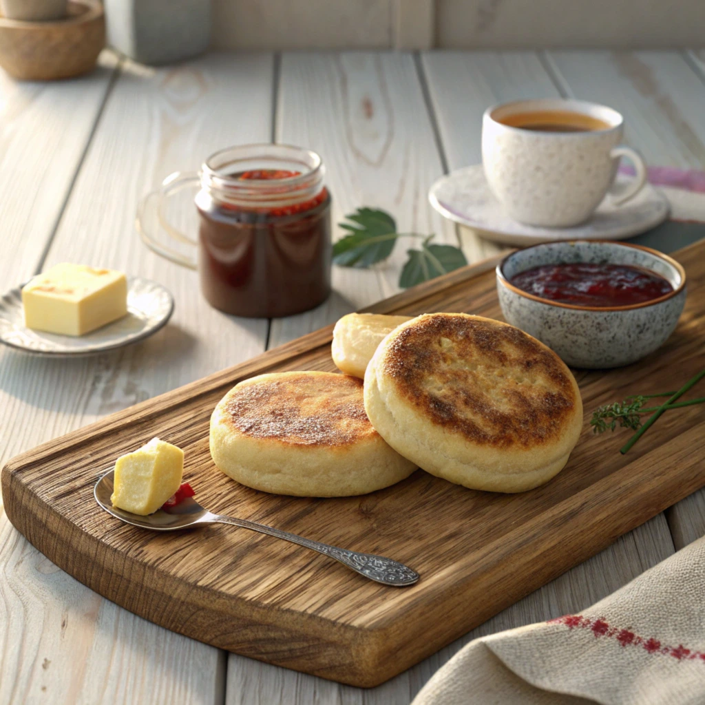 A stack of golden-brown English muffins on a wooden table, ready for breakfast.