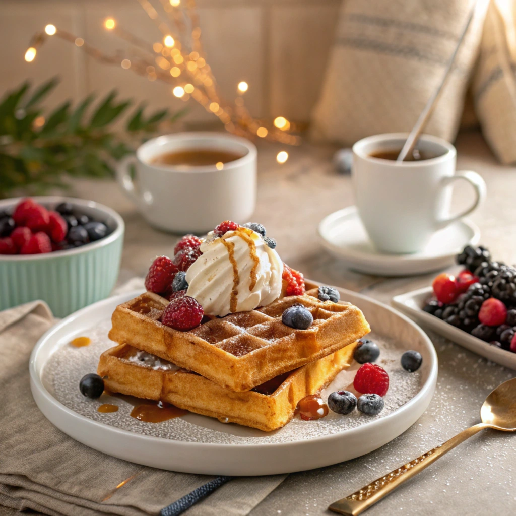 Delicious frozen waffles topped with fresh berries and whipped cream.