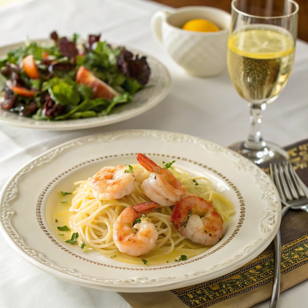 Shrimp scampi with pasta and fresh vegetables