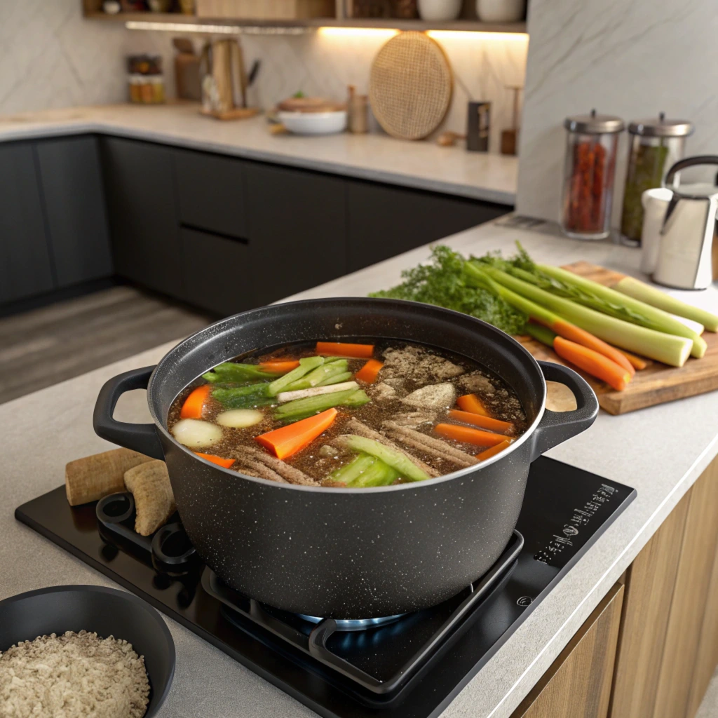 Soup bones in a pot with vegetables like carrots, celery, and onions, simmering in water to create broth.