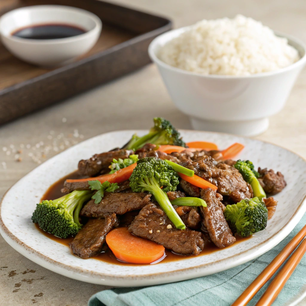 A plate of Mongolian Beef with tender slices of caramelized beef, broccoli, and carrots in a glossy sweet sauce.