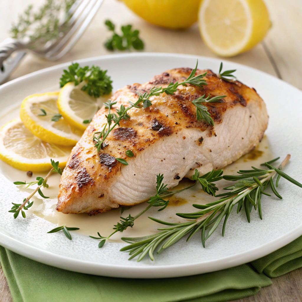 Perfectly seared and juicy chicken breasts garnished with fresh herbs