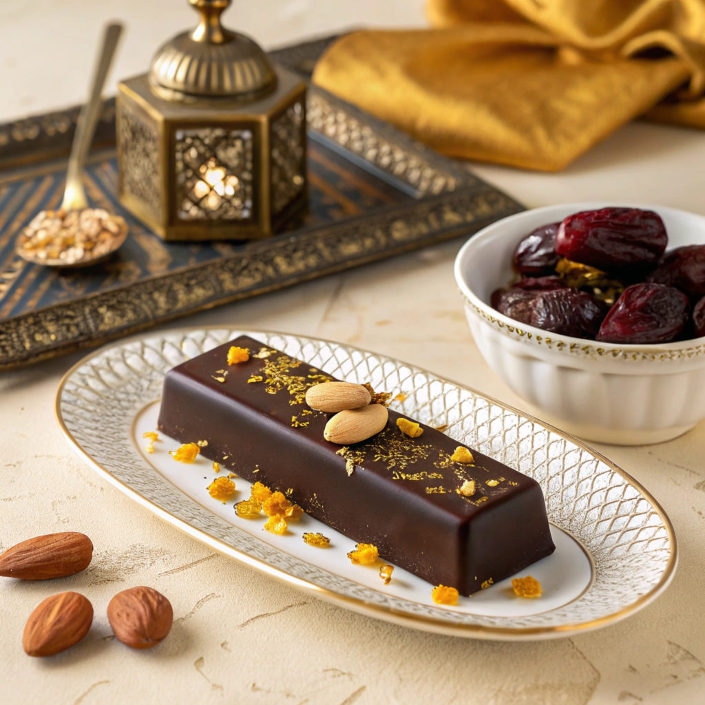 Dubai chocolate bar with nuts, dates, and saffron on a decorative plate