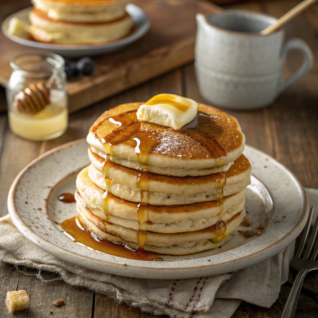 Fluffy Cracker Barrel pancakes stacked with butter and maple syrup on top.