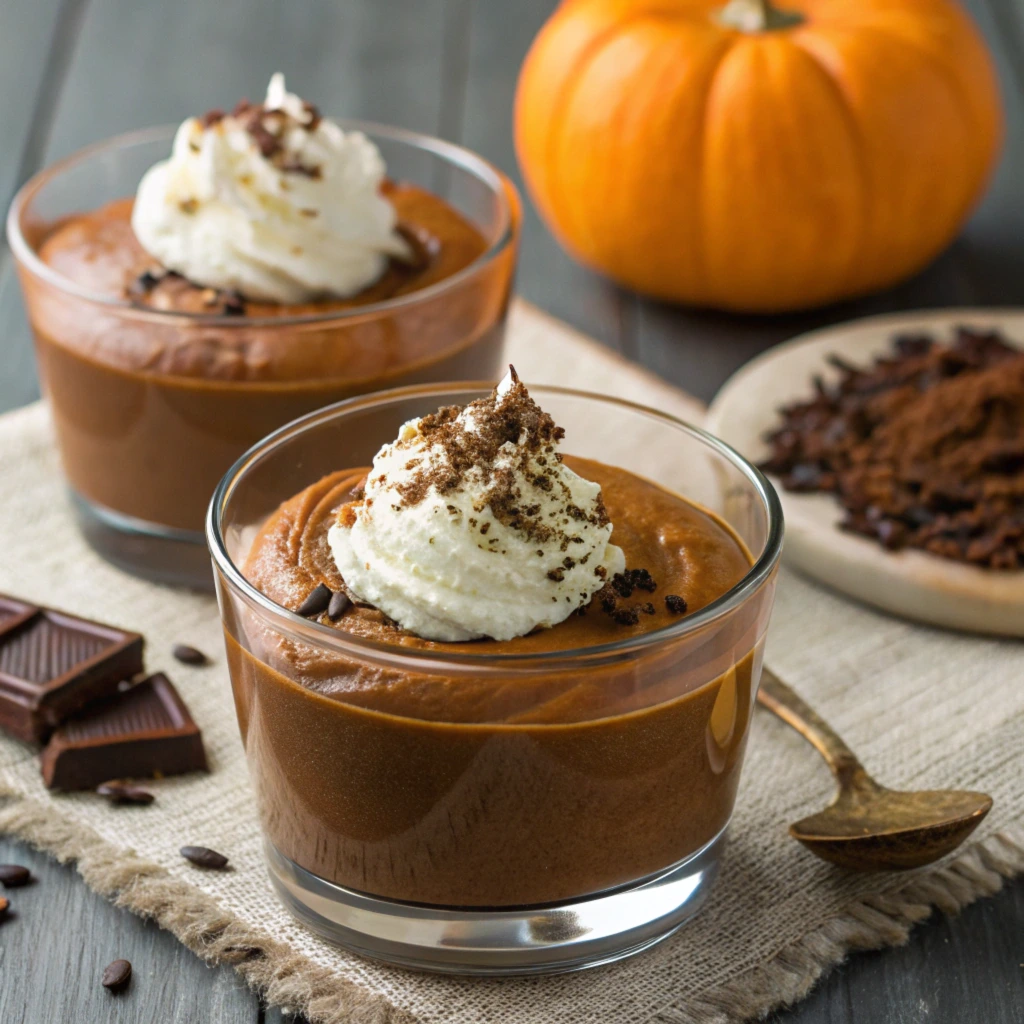 Pumpkin puree and dark chocolate mousse in a glass cup with whipped cream topping,